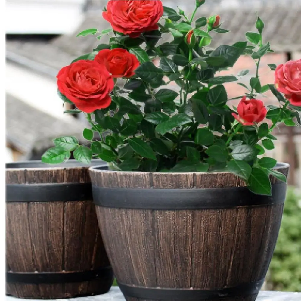 Blumentopf in Holzfass-Optik mit dunklen Zierreifen – Bild 2