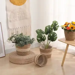 Geflochtene Blumentöpfe in Rattan-Optik mit Blumen und Pflanzen im Wohnzimmer