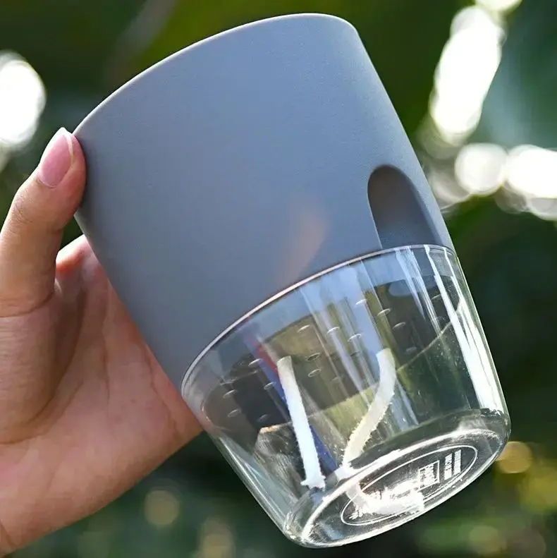 Blumentopf Grau Weiß mit transparentem Wasserbehälter – Bild 2