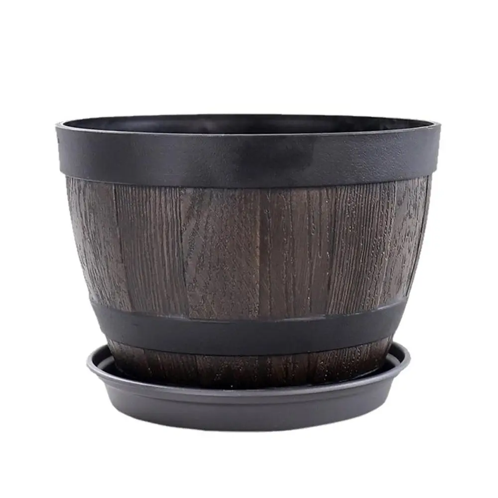 Blumentopf in Holzfass-Optik mit dunklen Zierreifen – Bild 3