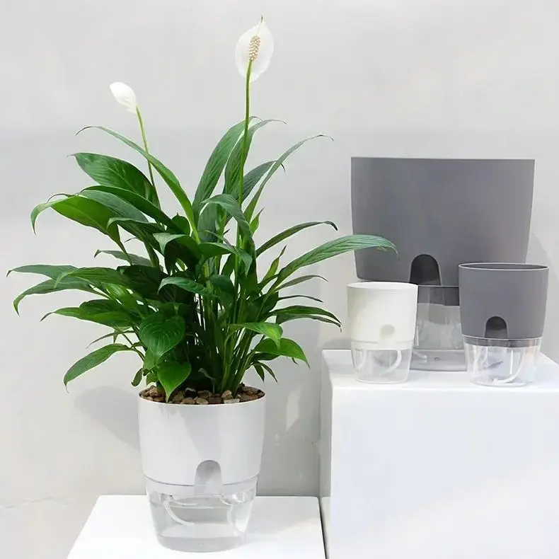 Blumentopf Grau Weiß mit transparentem Wasserbehälter – Bild 3
