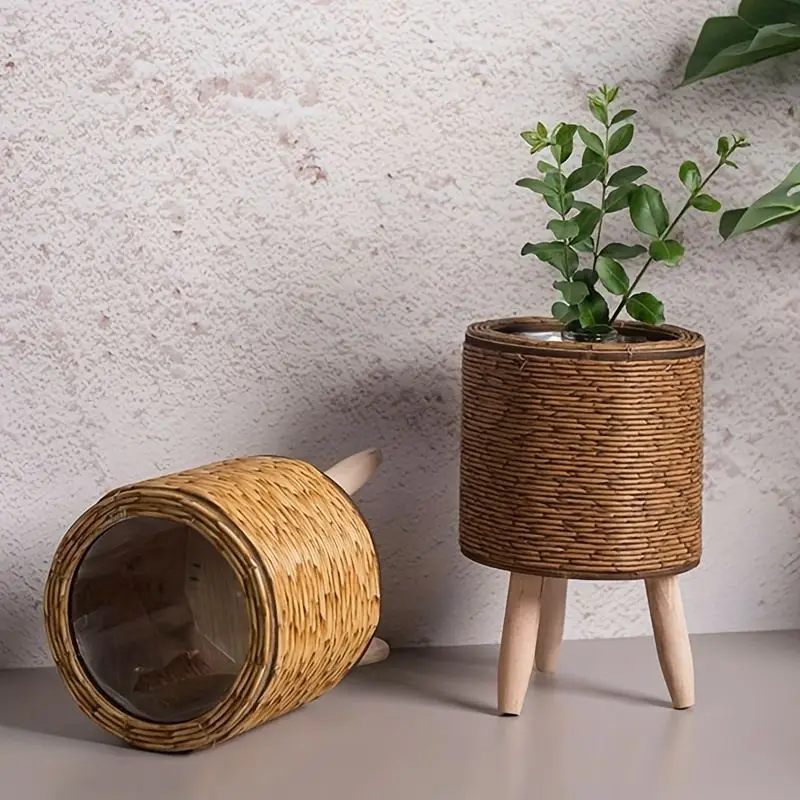 Blumentopf braun, Plastik, in Geflecht-Optik mit drei Beinen – Bild 3