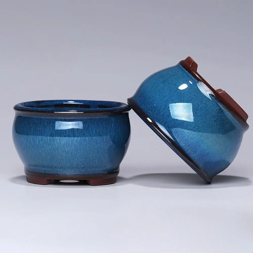 Übertopf Blau glänzend, rund mit kleinen Füßen – Bild 5