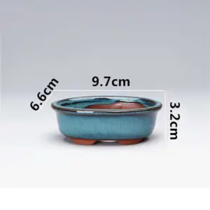 Pflanzschale flach in Keramik-Optik, glänzend – Blau – oval flach