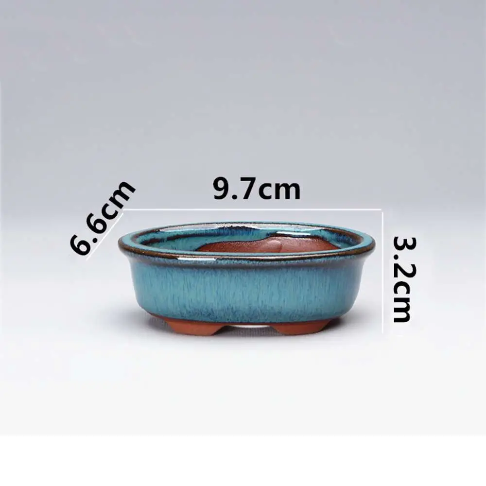 Pflanzschale flach in Keramik-Optik, glänzend – Blau – oval flach