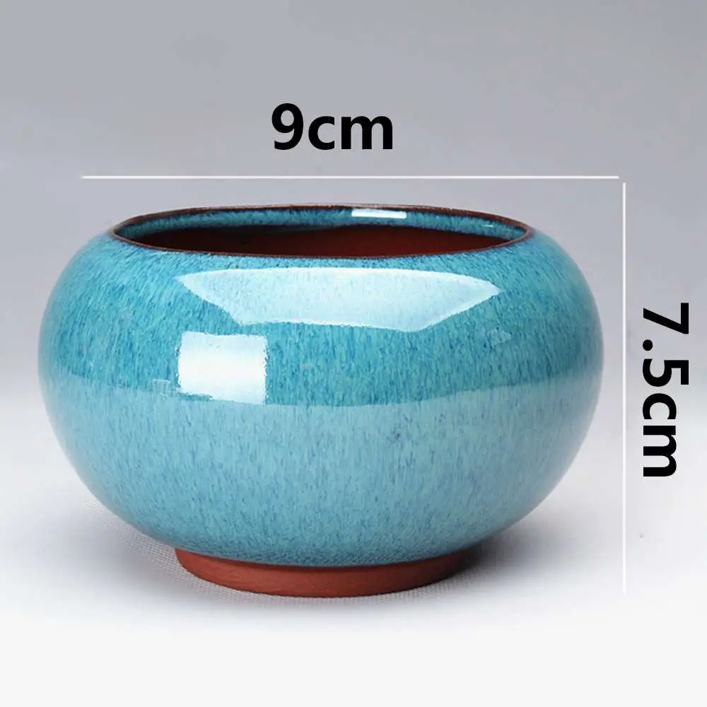 Pflanzschale flach in Keramik-Optik, glänzend – Blau – kugelig