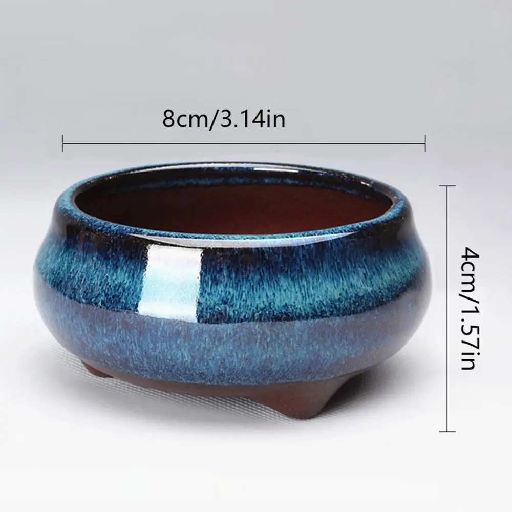 Keramik Blumentopf glänzend, mit drei Füßen – Blau – rund flach