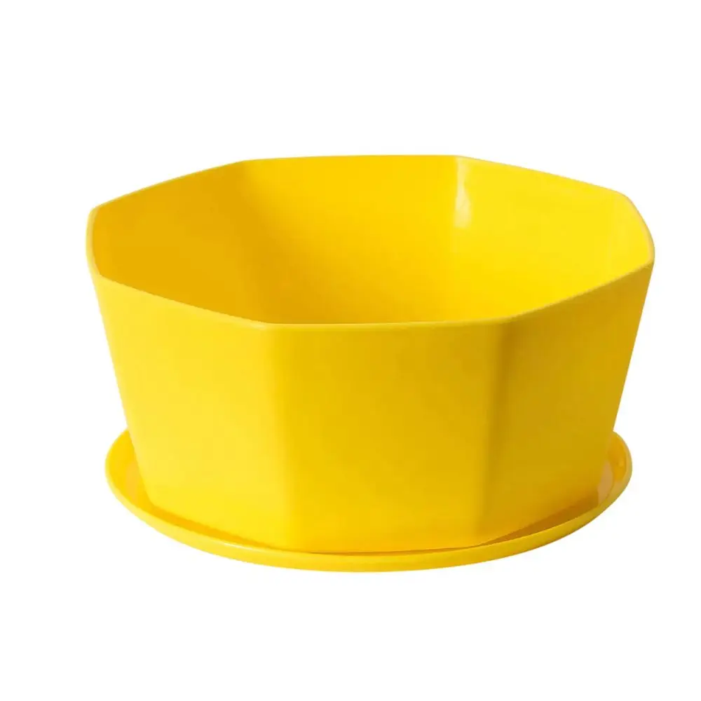 Blumentopf Grau, achteckig und flach, mit Untersetzer – Gelb