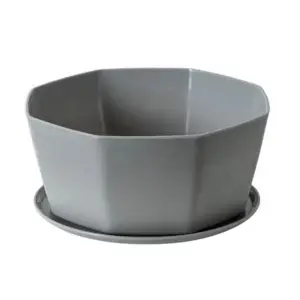 Blumentopf Grau, achteckig und flach, mit Untersetzer – Grau