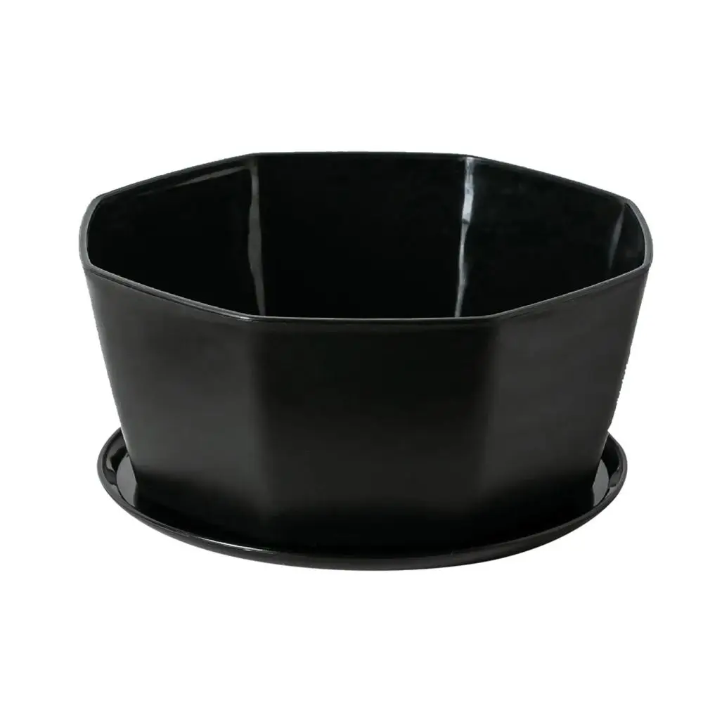 Blumentopf Grau, achteckig und flach, mit Untersetzer – Schwarz