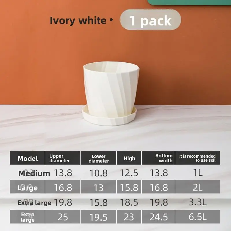 Großer Blumentopf Plastik mit Untersetzer, Facettenmuster – Creme