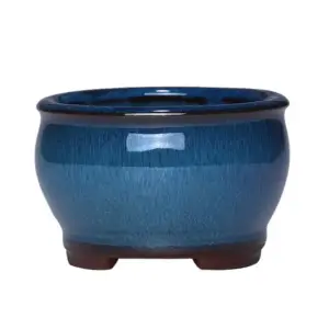 Übertopf Blau glänzend, rund mit kleinen Füßen – Blau