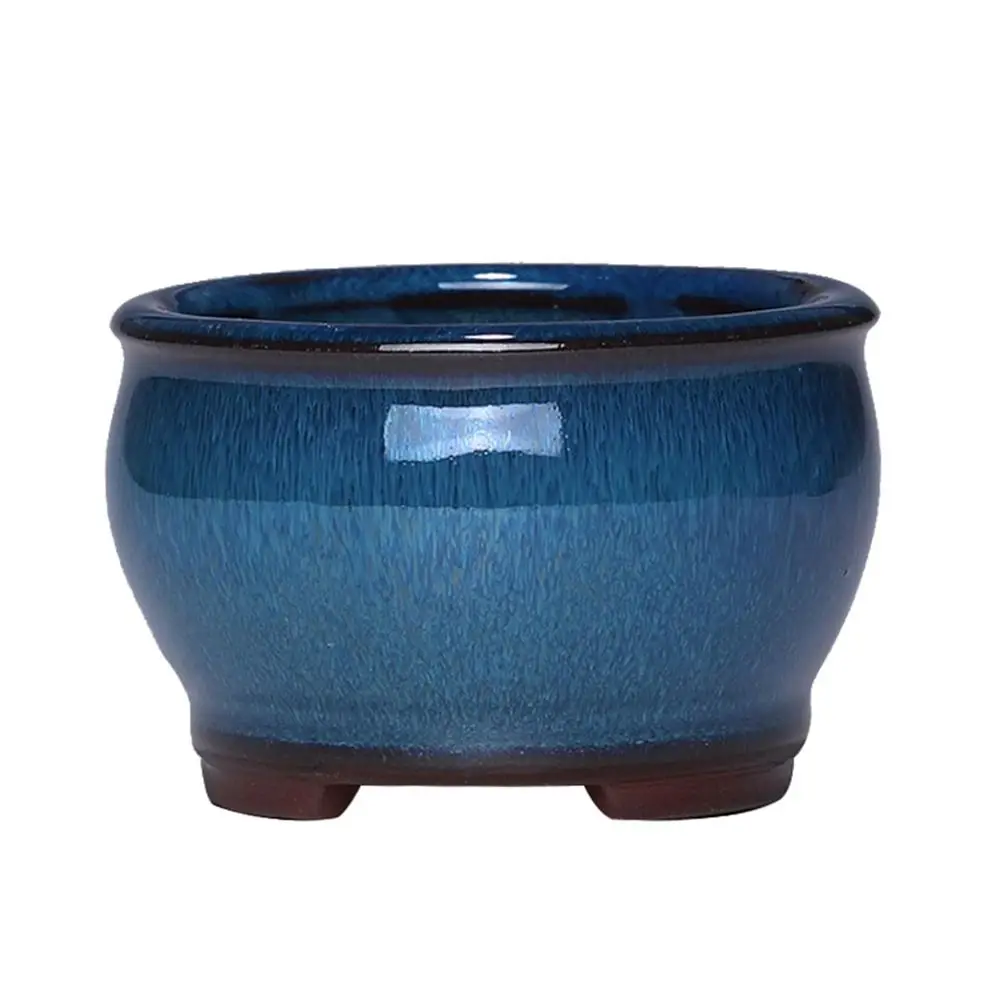 Übertopf Blau glänzend, rund mit kleinen Füßen – Blau