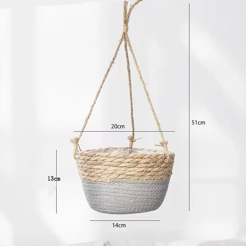 Blumenübertöpfe braun als geflochtener Hängekorb mit Seil – Grau