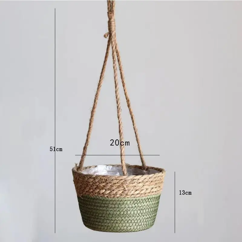 Blumenübertöpfe braun als geflochtener Hängekorb mit Seil – Olivgrün